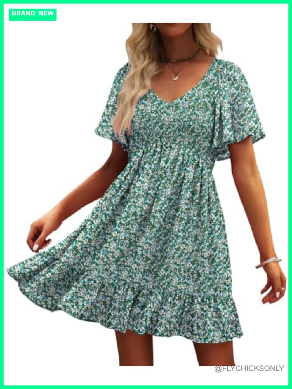 Women's Smocked V-Neck Floral Summer Casual Sundress with Pockets